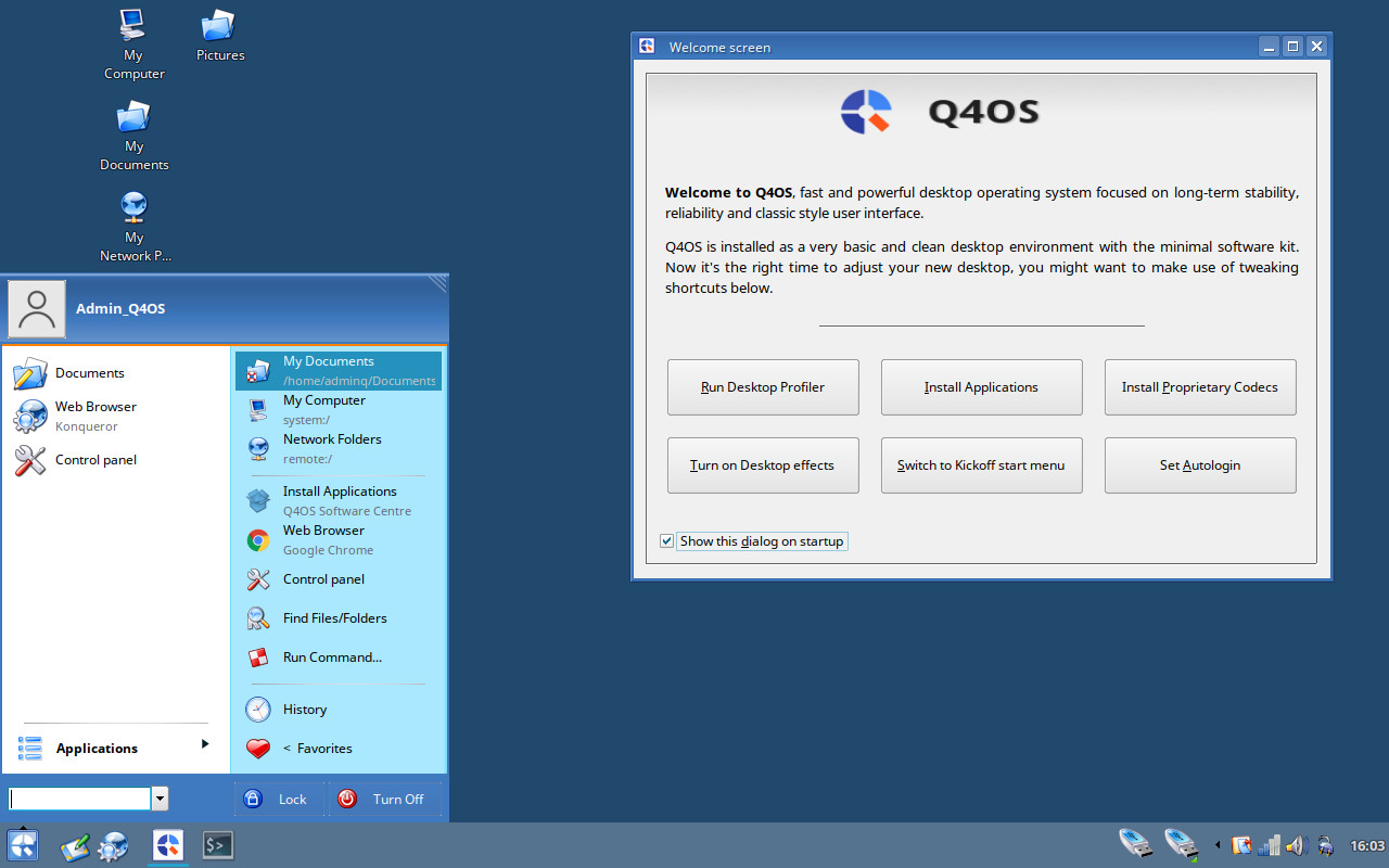 Linux Q4OS Aquarius Plasma 64bit for modern PCs AMD64 for Intel or AMD Ryzen