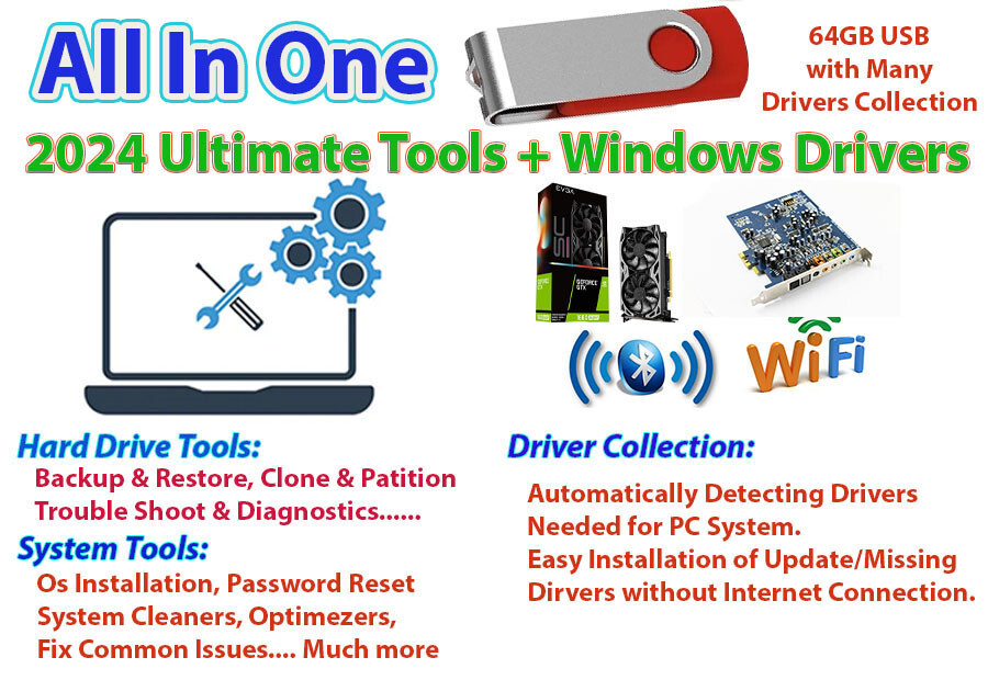 Windows Drivers & 2024 UltimateTools Backup Recover Windows Fixing PC 64GB USB