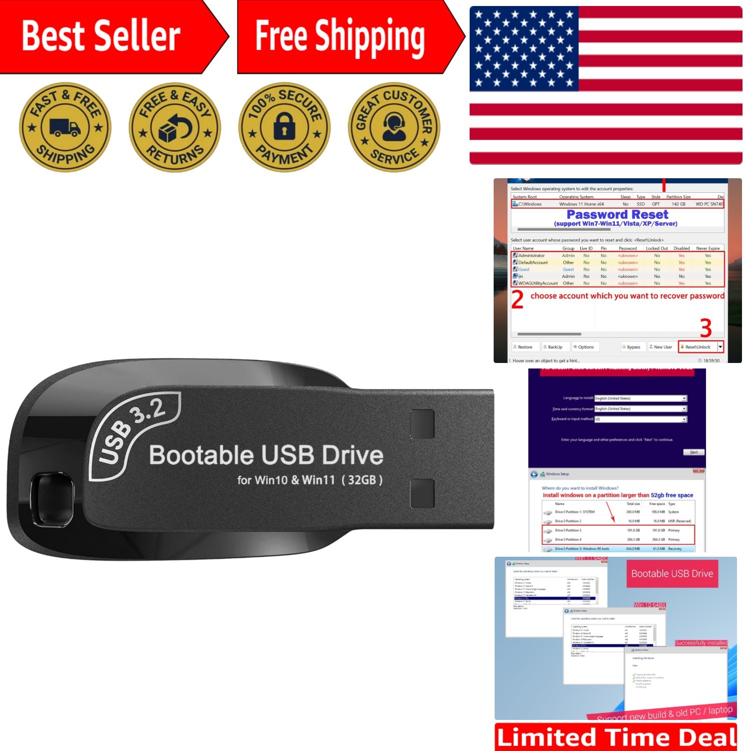 Versatile 32GB USB 3.2 Drive for Windows Installation & Password Recovery Needs