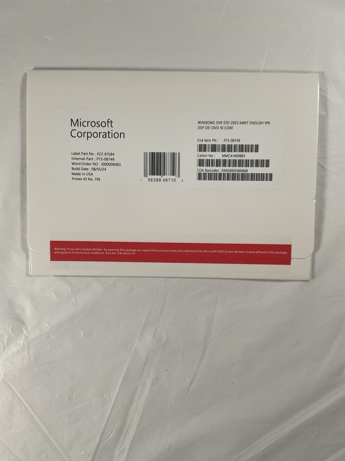 Microsoft Windows Server 2025 Standard OEM – 16 Core License with DVD/COA